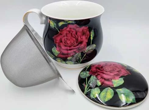 Hrnek na čaj se sítkem a víčkem růže 480 ml