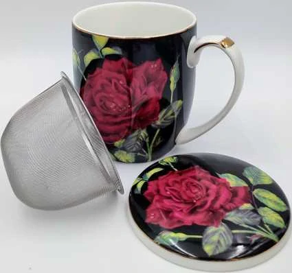 Hrnek na čaj se sítkem a víčkem - Růže 300 ml